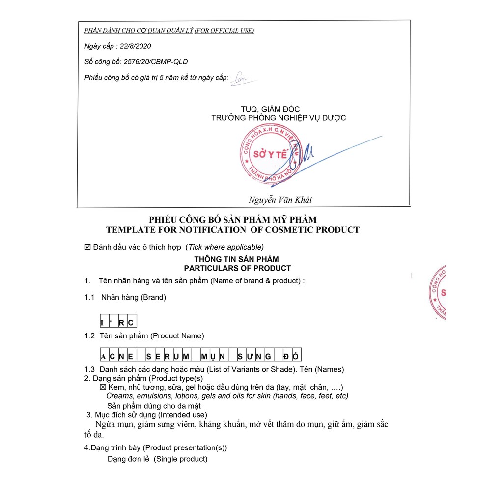 Serum mụn sưng đỏ IRC giảm thâm và tái tạo da, tiêu viêm không tái lại mụn, dưỡng ẩm và làm sáng da | BigBuy360 - bigbuy360.vn
