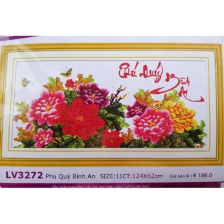 Tranh thêu chữ thập Hoa mẫu đơn Phú quý bình an LV3272