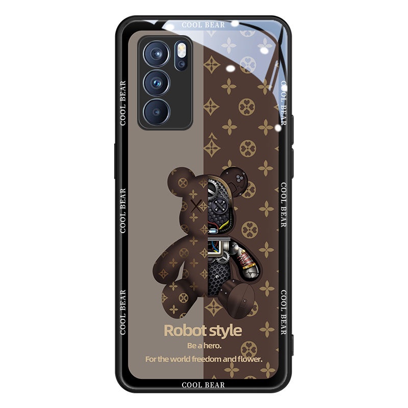 Ốp điện thoại mặt kính viền in họa tiết chú gấu cho Oppo reno5 reno5pro reno6 reno6pro reno6z