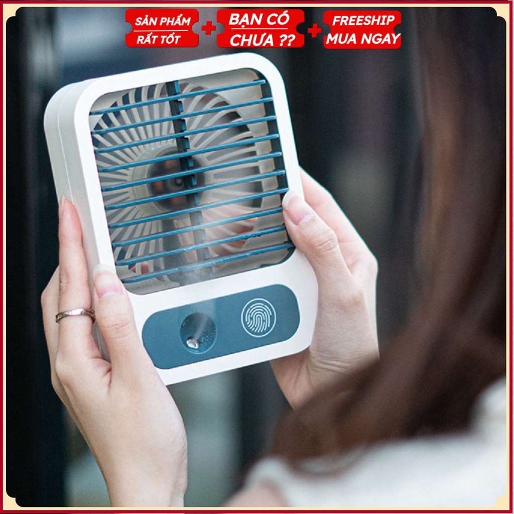 Quạt Tích Điện Phun Sương Để Bàn Cần Tay 3 Chế Độ Mát Làm Lạnh Hơi Nước Cao Cấp Kích Thước 16x12x5.5 Cm