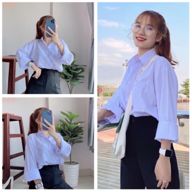 Áo Sơ Mi Nữ Tay Dài Học Sinh Đi Học Có Túi Form Rộng Basic Loại 1( Hàng Sẵn)