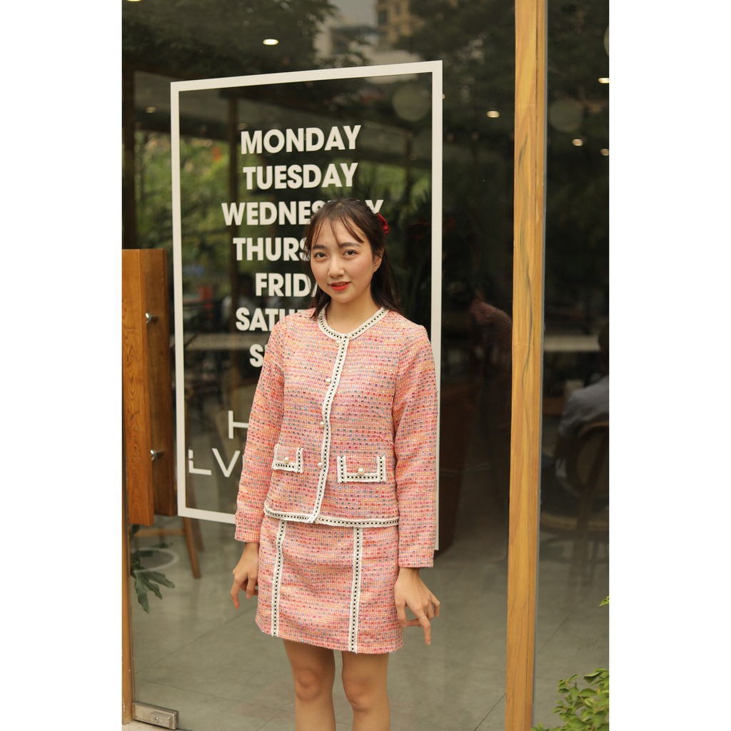 Sét váy áo dạ tweed phối viền ren siêu xinh
