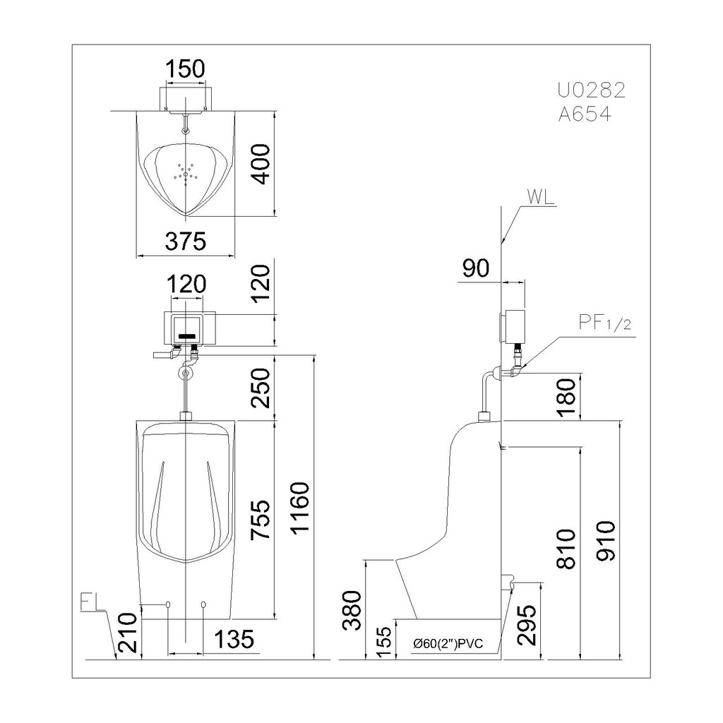 Bệ Tiểu Nam + Xả tiểu cảm ứng - U0282 + A654