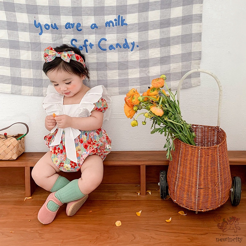 Bộ Áo Liền Quần Tay Ngắn Cổ Búp Bê Phối Bèo In Hoa Dễ Thương Phong Cách Hàn Quốc Cho Bé Gái