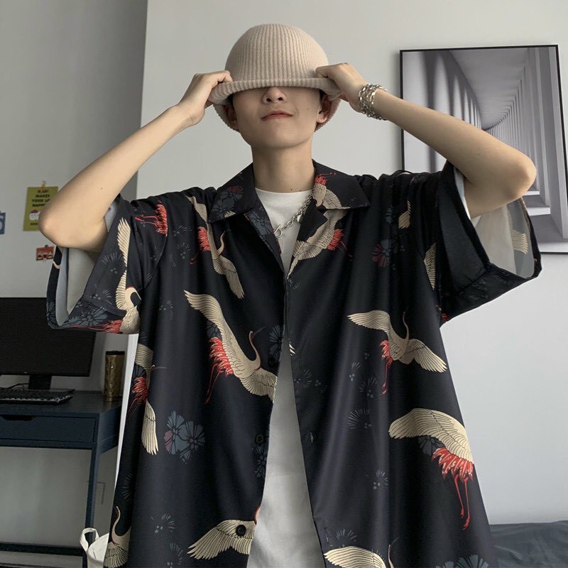 Áo sơ mi nam ngắn tay form rộng cực hot hình hình hạt phong cách Hàn Quốc | BigBuy360 - bigbuy360.vn