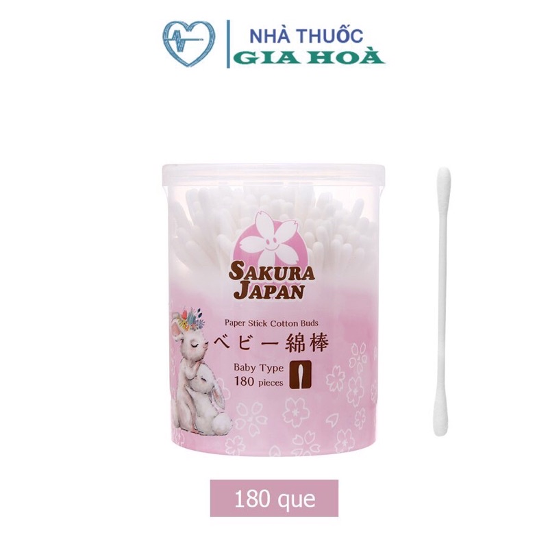 Tăm bông kháng khuẩn thân giấy Sakura baby (Tiêu chuẩn Nhật Bản) cho em bé / trẻ em 2 đầu tròn TB02 - Hộp 180 que
