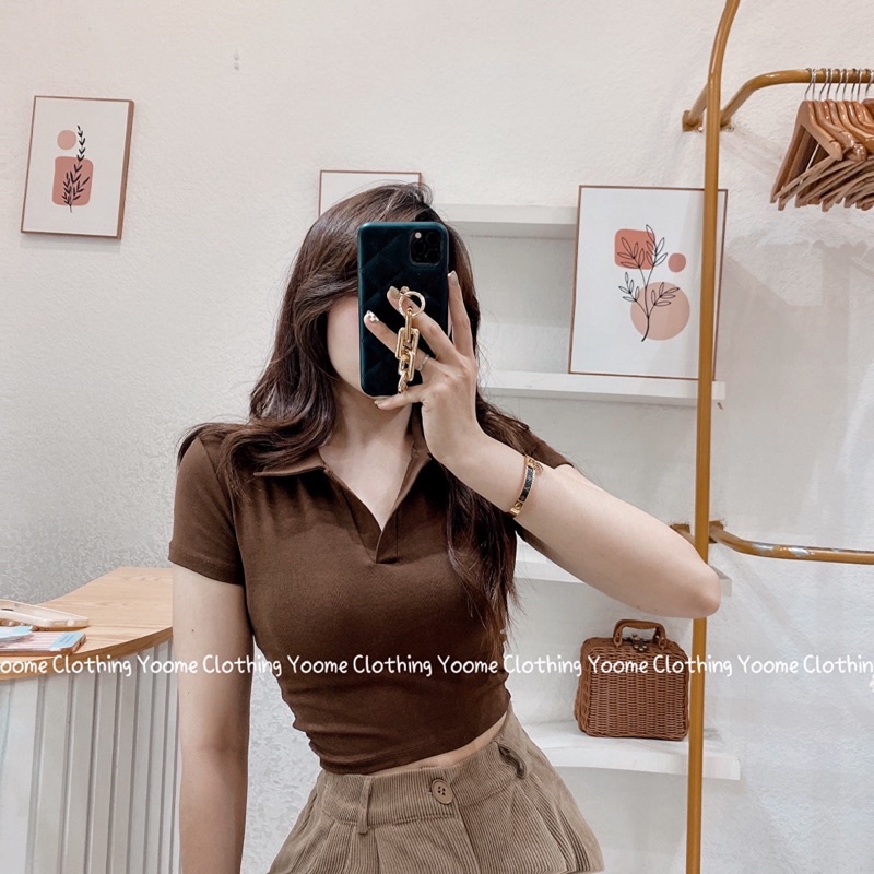 Áo croptop cổ bẻ polo đức cổ V chất cotton hàn cho nữ Yoomeclothing