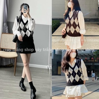 Áo gile nữ - Áo gile len ulzzang quả trám kẻ ô cổ V dày dặn 2 màu nâu/đen (kèm video/ảnh thật) Váy Trắng Shop