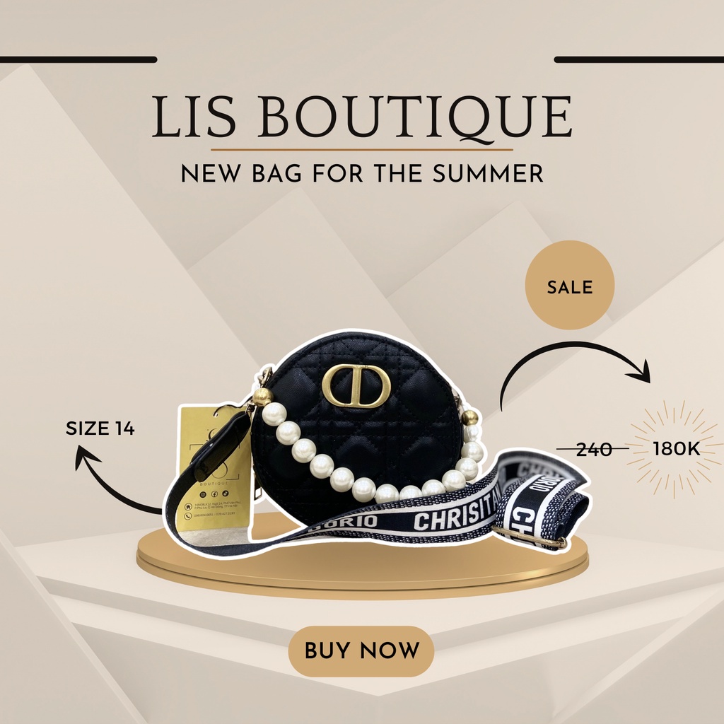 Túi cốp tròn dior Clutch dây ngọc, túi đeo chéo cd da mềm quai thổ cẩm (không hộp)