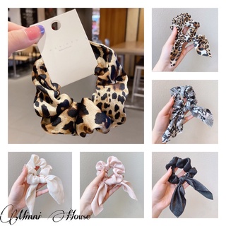 Dây buộc tóc scrunchies thắt nơ đuôi cá hoạ tiết vằn báo