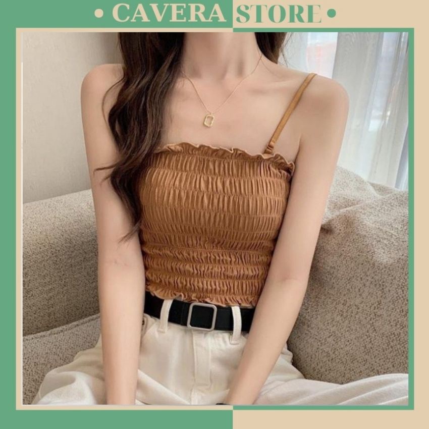 Áo bra nữ nhún - Áo croptop dáng lửng hai dây tiểu thư mỏng mịn nhẹ nhàng Cavera B6843