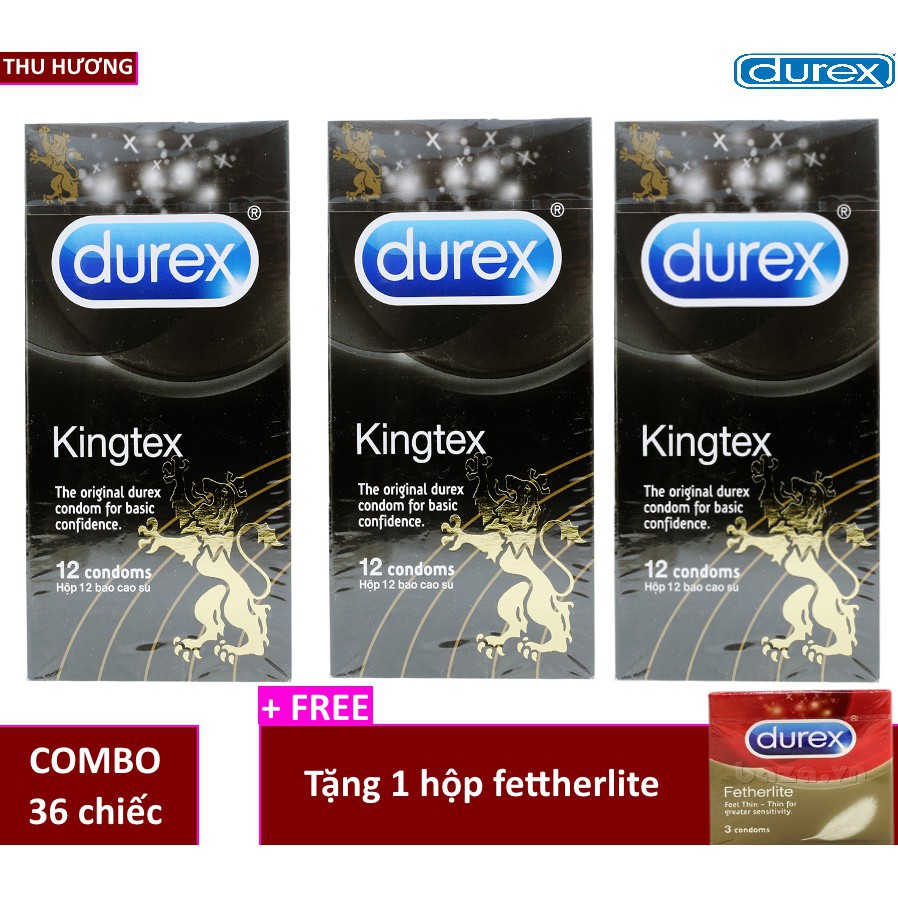 [bao cao su gai][SIÊU RẺ] Bộ 3 hộp bao cao su Durex Kingtex size nhỏ ôm khít, tặng 1 hộp durex Fettherlite