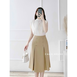 Chân váy xòe xếp li dáng lửng công sở