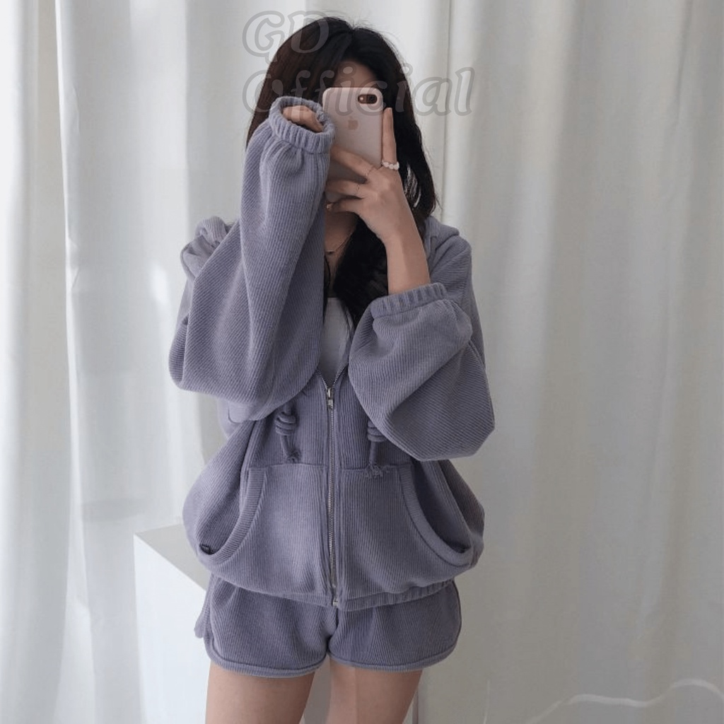 N9|Set bộ thể thao, mặc nhà áo hoodie dây kéo cá tính, quần short ngắn màu xanh, đen, tím GD Official