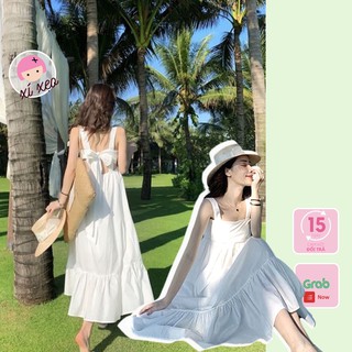 Váy 2 dây đầm maxi trắng nữ thắt nơ lưng váy dài đi biển xixeoshop - V31