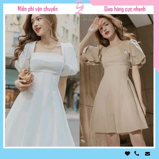 Đầm nữ dáng xòe ️🎈 HÌNH THẬT️🎈 đầm dự tiệc ️🎈 đầm tiểu thư cổ vuông tay phồng xếp ly eo (kèm mút ngực)