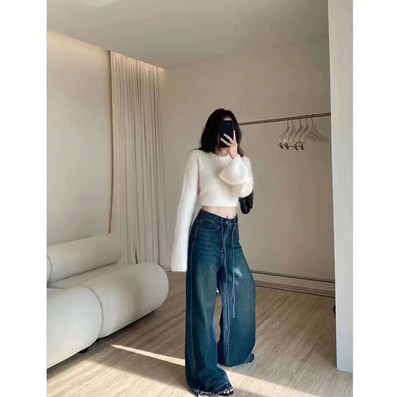 Áo Sweater Dệt Kim Chui Đầu Dáng Rộng Ngắn Phong Cách Retro Thời Trang Thu Đông