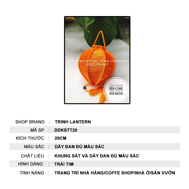 Đèn lồng Hội An khung sắt đan dây đủ màu chống nước treo ngoài trời trang trí size 20CM