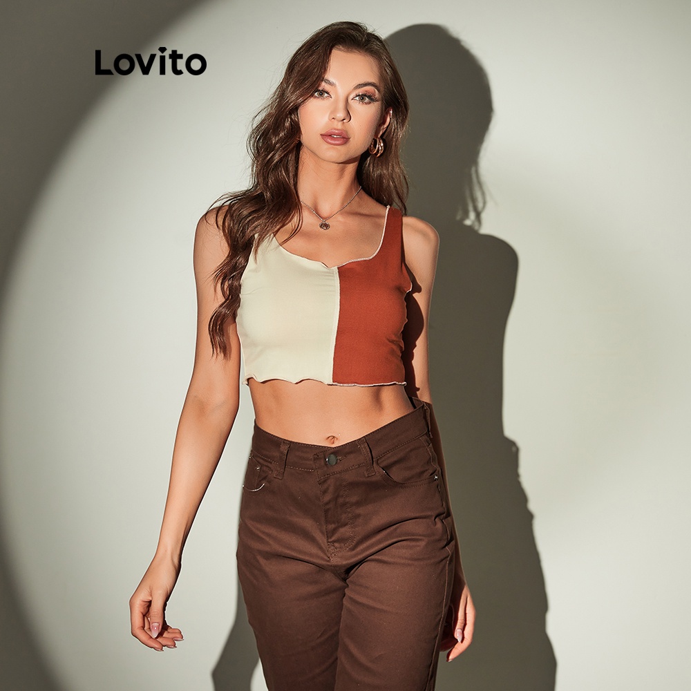 Áo croptop Lovito cổ tròn ghép nối màu sắc mặc thường ngày L11115 (Màu nâu) | BigBuy360 - bigbuy360.vn
