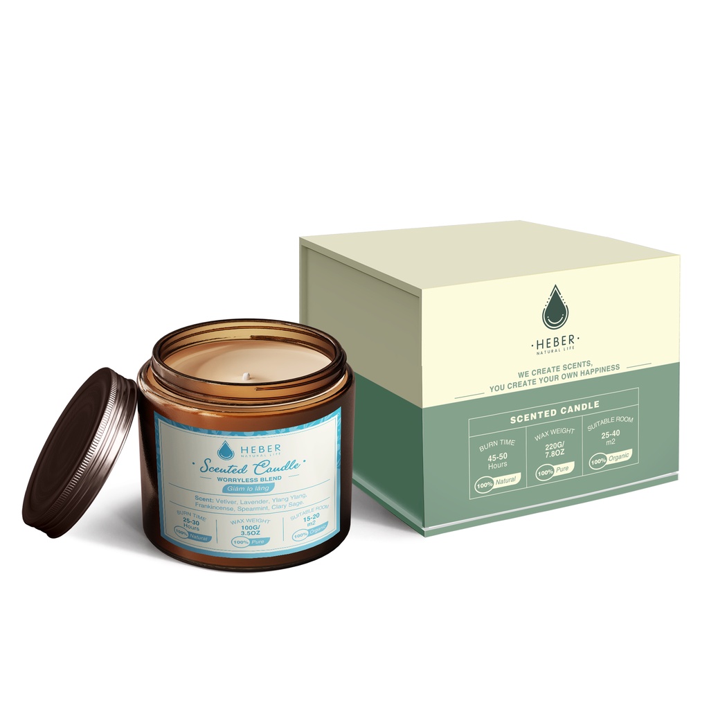 Nến Thơm Giảm Lo Lắng Worryless Scented Candle Heber Natural Life Thiên Nhiên Cao Cấp, Thơm Phòng Thư Giãn, 100g & 220g