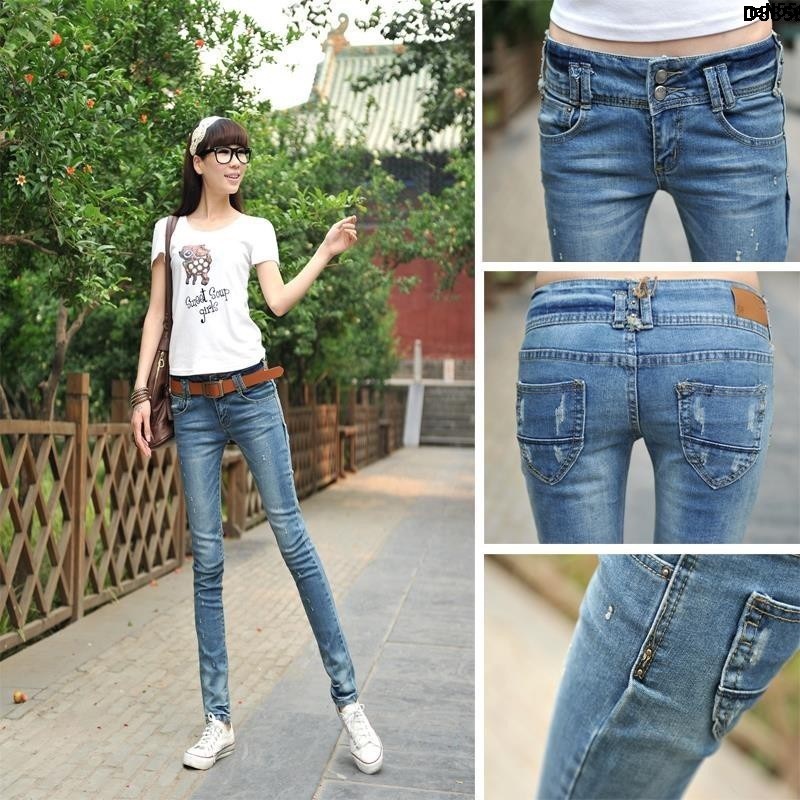 Quần Denim Dáng Ôm Lưng Thấp Phối Rách Đính Nút Phong Cách Hàn Quốc Cho Nữ