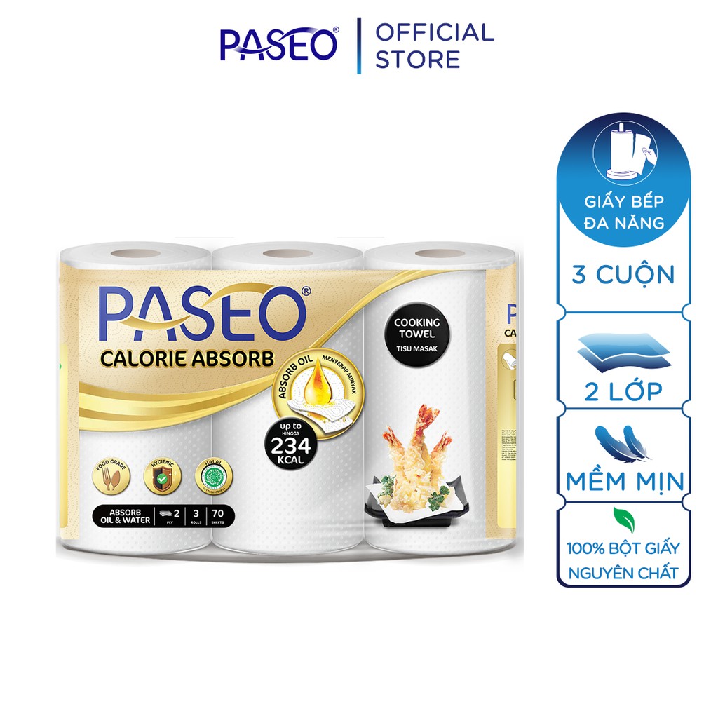 [THEO DÕI GIAN HÀNG-TẶNG VOUCHER 15K] Giấy bếp đa năng Paseo Calorie Absorb 3 cuộn 2 lớp