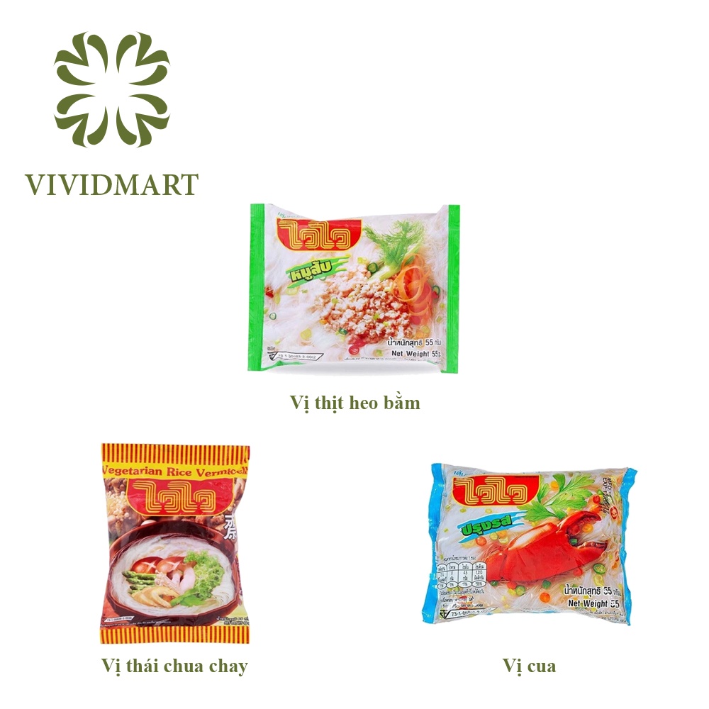 [Gói lẻ] BÚN GẠO THÁI LAN WAI WAI 3 VỊ: THỊT HEO BẰM, VỊ CUA, BÚN CHAY VỊ THÁI CHUA – GÓI 60g