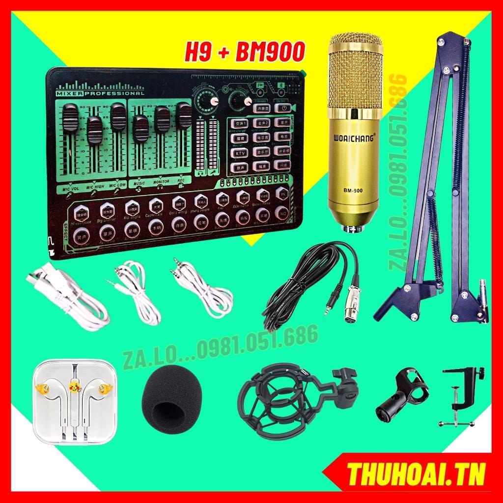 Bộ mic thu âm, mic livestream H9 2021 & BM900 bluetooth, có tiếng cười vỗ tay, autotune mic bắt xa hát nhẹ