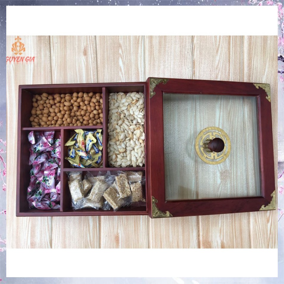 Khay đựng mứt tết gỗ, khay bánh kẹo tết gỗ, hộp bánh kẹo tết, mặt kính mẫu vuông TS071110 - NHẬN HÀNG ĐẶT HÀNG LÀM