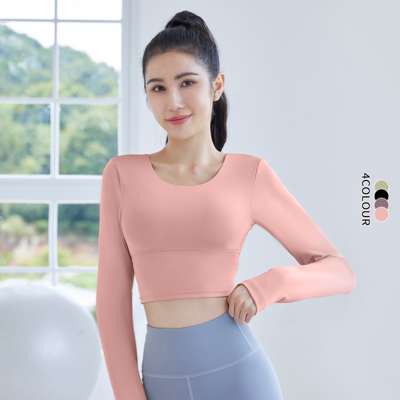 Áo Thun Thể Thao Tay Dài Có Mút Đệm Ngực Dây Chéo Lưng Thoáng Khí Tập Yoga