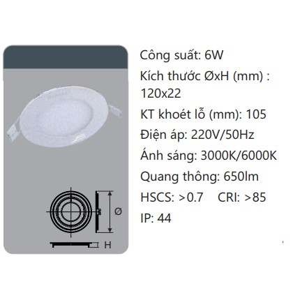 Đèn led âm trần 6w Duhal