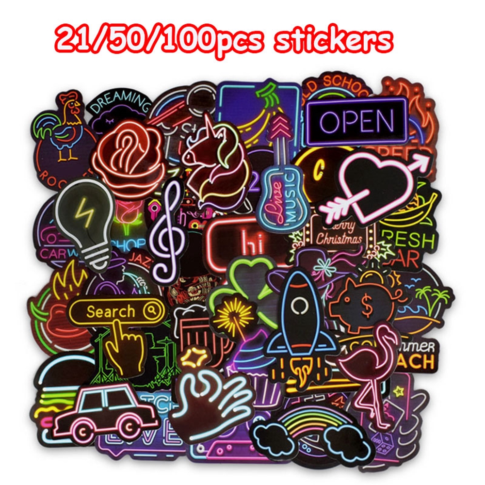 21/50/100pcs no repeating Stationery Vinyl PVC Luggage Decor DIY Craft Photo Laptop Neon Light Stickers