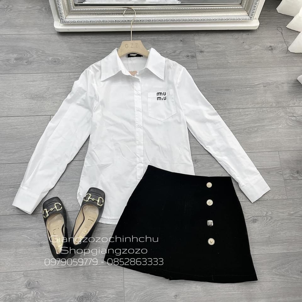 Áo sơ mi nữ trắng dài tay form rộng miumiu xinh xắn