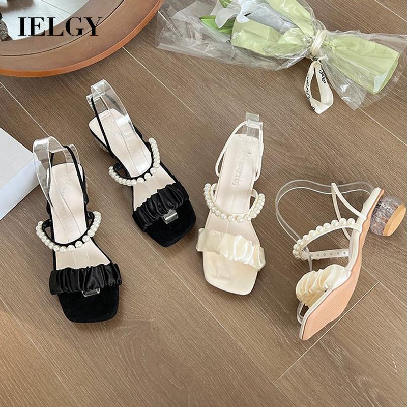 Giày xăng đan IELGY gót vuông có cỡ lớn đính ngọc trai nhân tạo thời trang cho nữ