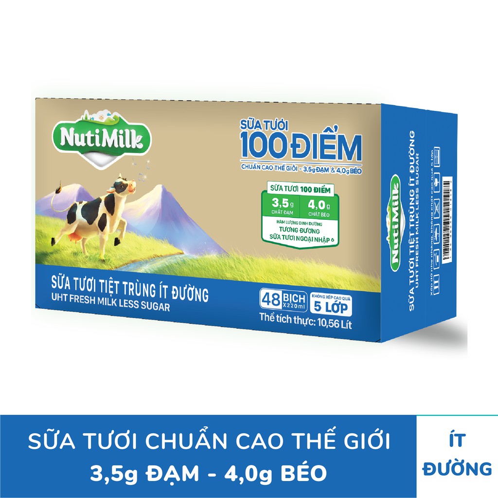 Thùng 48 bịch NutiMilk Sữa tươi 100 điểm ít đường 220ml/bịch