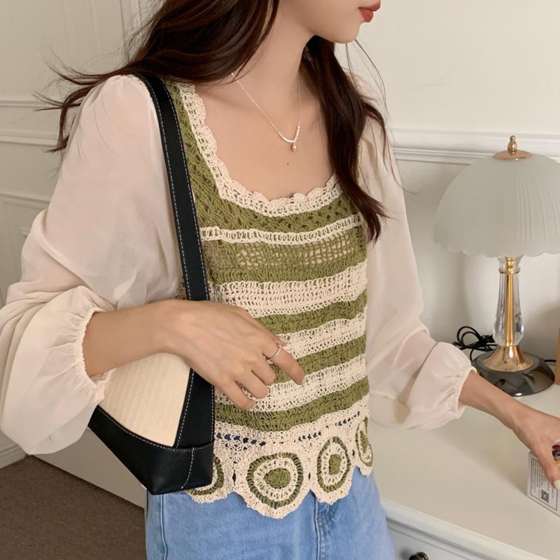 Áo Croptop Dệt Kim Cổ Vuông Tay Dài Dáng Rộng Kiểu Pháp Thời Trang Mùa Hè Cho Nữ