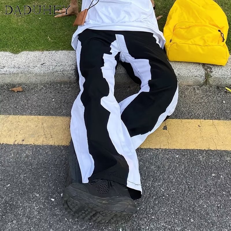 DaDuHey Men's Summer New Patchwork Jeans Trendy Fashion Straight Loose Wide Leg Pants