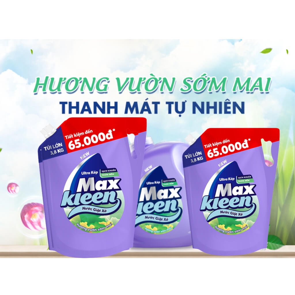 [ Giảm Sốc ] Túi nước giặt xả MaxKleen ultra kép hương vườn sớm mai túi 3.8kg/túi