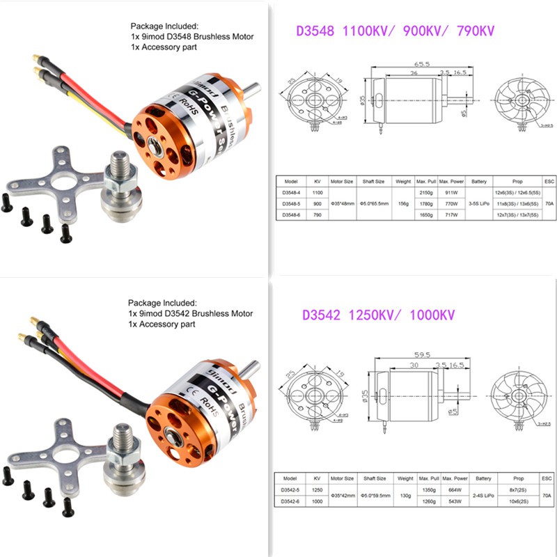 Động cơ không chổi than 790kv 1000kv 1400kv 1450kv 2200kv 2600kv 9imod D3548 D3542 cho máy bay RC