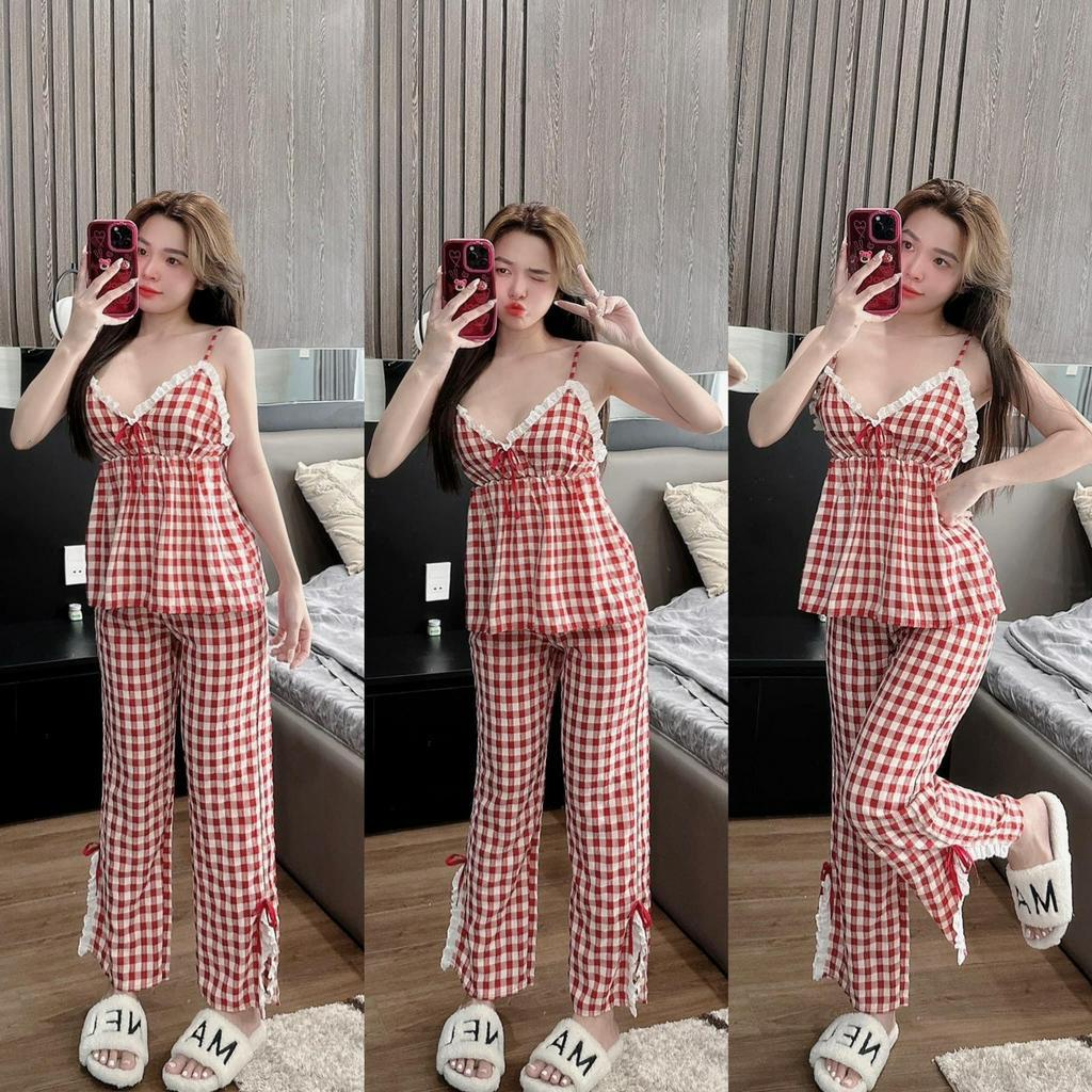 Set bộ caro 2 dây bèo ren cột nơ ngực mix quần dài ống rộng nơ dễ thương