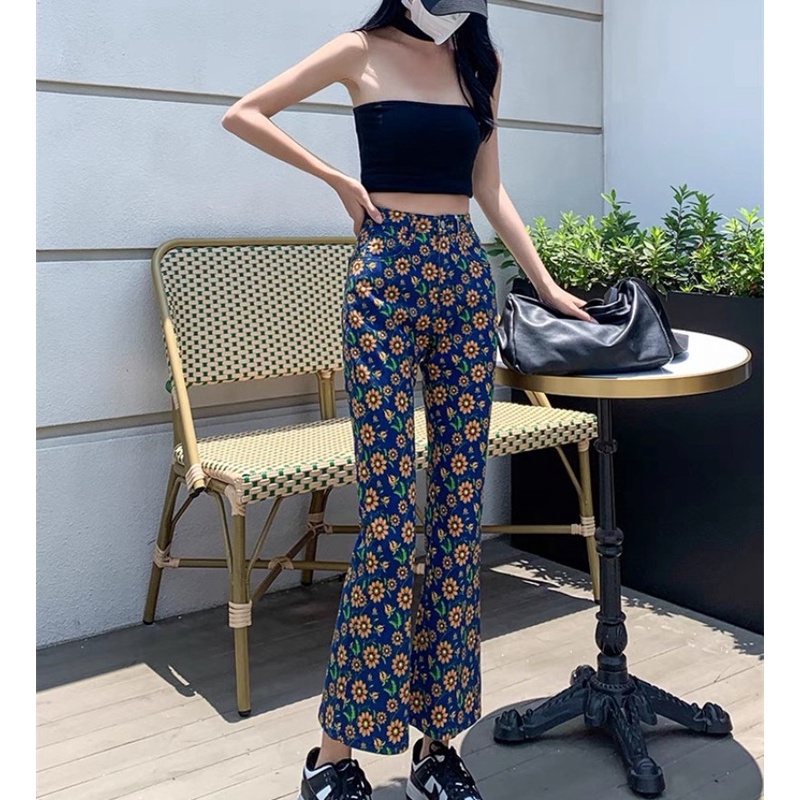 Quần Jean Lưng Cao Ống Loe In Họa Tiết Thời Trang