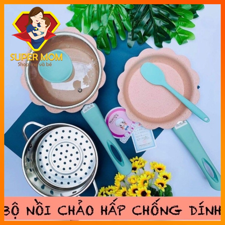 💥RẺ NHẤT💥 Bộ Nồi Chảo Hình Hoa, Bộ nồi chảo kèm xửng hấp, Nồi chảo nấu đồ ăn dặm, Bộ FULL Nồi chảo SAKURA PAN