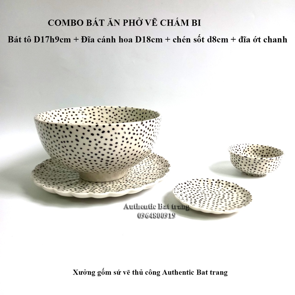 (COMBO) Bát tô sứ ăn phở vẽ tay thủ công - Tô 17H9cm + Dĩa D18cm + chén Sốt D8 + đĩa chanh ớt d9cm Authentic bat trang