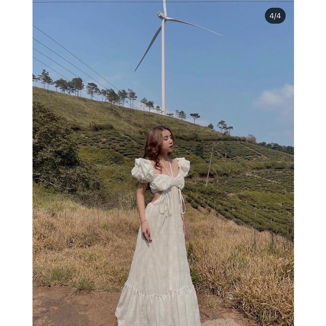 Đầm dài xanh cutout lưng viền bèo | BigBuy360 - bigbuy360.vn