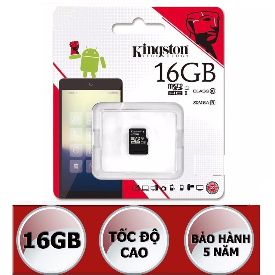 Thẻ nhớ microSDHC Kingston 16GB Class 10 U1 80MB/s (Đen) - Hãng chính hãng | BigBuy360 - bigbuy360.vn