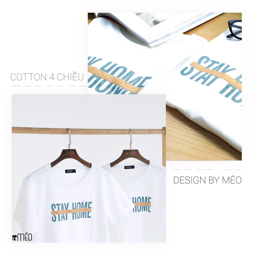 Áo thun tay lỡ Méo shop phông nữ cổ tròn cotton in chữ Stay home freesize form rộng