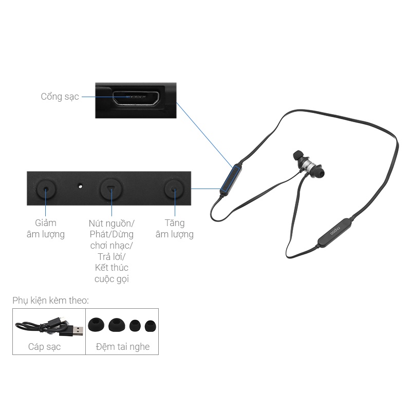 Tai nghe Bluetooth nhét tai Rapoo S150 Đen - Thời gian sử dụng 7 tiếng