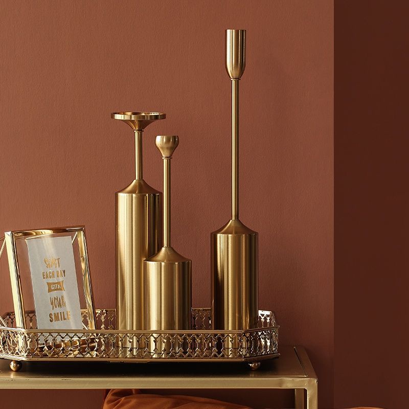Bộ 3 Chân Nến Trơn sắt vàng đồng bàn ăn kiểu Mỹ decor trang trí phòng khách, bàn ăn sang trọng