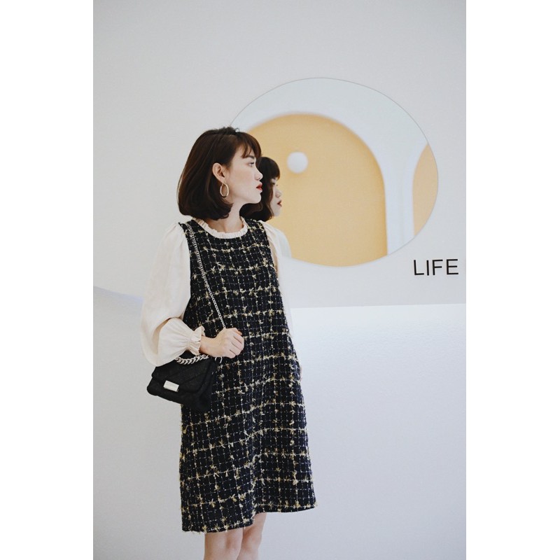 Váy Dạ Tweed Phối Tay Vải Lụa Be Phom Suông Dễ Mặc | BigBuy360 - bigbuy360.vn