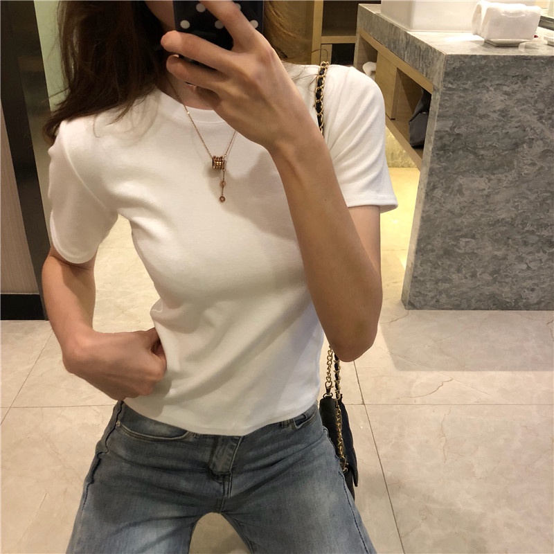 SUXI Áo Thun Tay Ngắn Cổ Tròn Màu Sắc Đơn Giản Phong Cách Hàn Quốc Cho Nữ